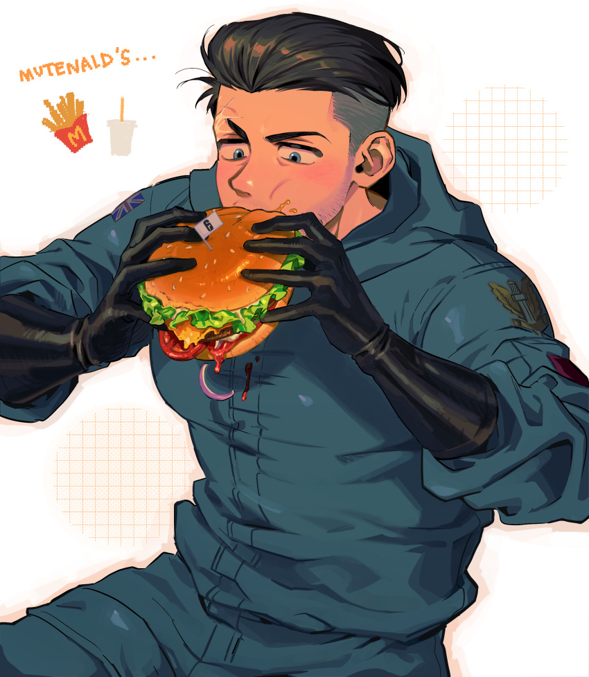 1boy black_gloves black_hair blue_eyes blue_jumpsuit burger eating facial_hair food gloves hamzraider highres holding holding_food hood hood_down hooded_jumpsuit jumpsuit male_focus rainbow_six_siege short_hair sidecut smoke_(rainbow_six_siege) solo