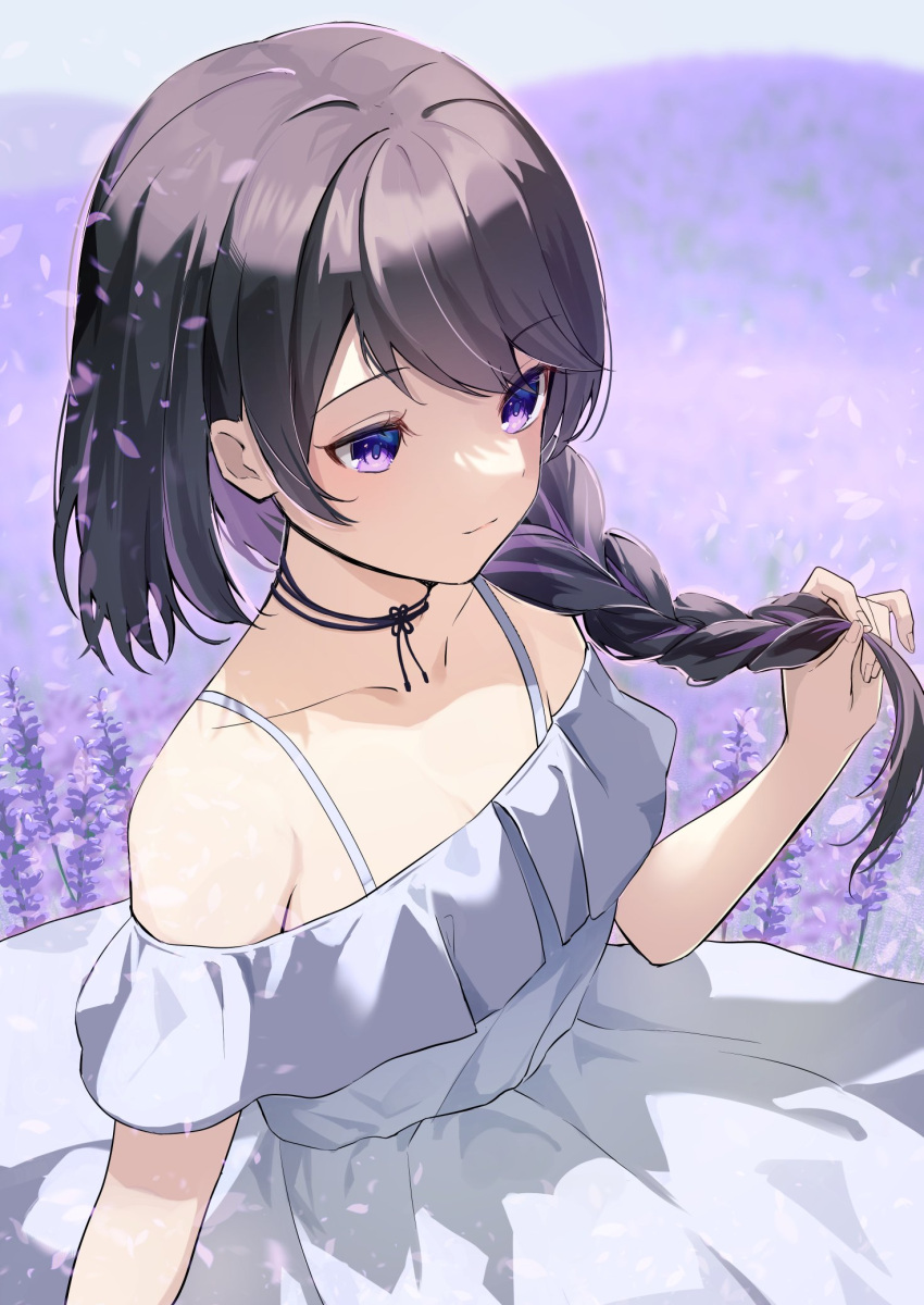 1girl black_hair braid commentary_request commission dress highres holding holding_hair miki_(virtuareal) multicolored_hair nijisanji off-shoulder_dress off_shoulder purple_eyes purple_hair single_braid skeb_commission solo streaked_hair swept_bangs user_uyng7558 virtuareal white_dress