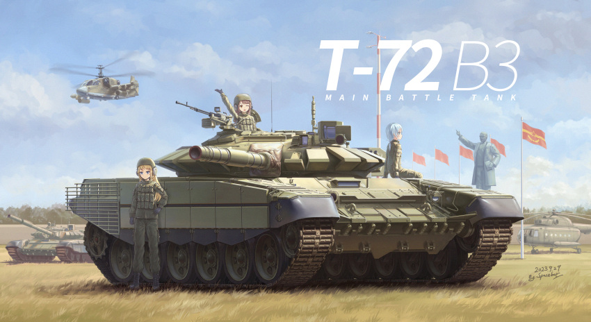 3girls absurdres aircraft blue_sky character_request cloud combat_helmet day flag girls_und_panzer helicopter helmet highres military military_vehicle motor_vehicle multiple_girls outdoors sky soldier soviet spacebar_hobby t-72 tank vehicle_focus vladimir_lenin