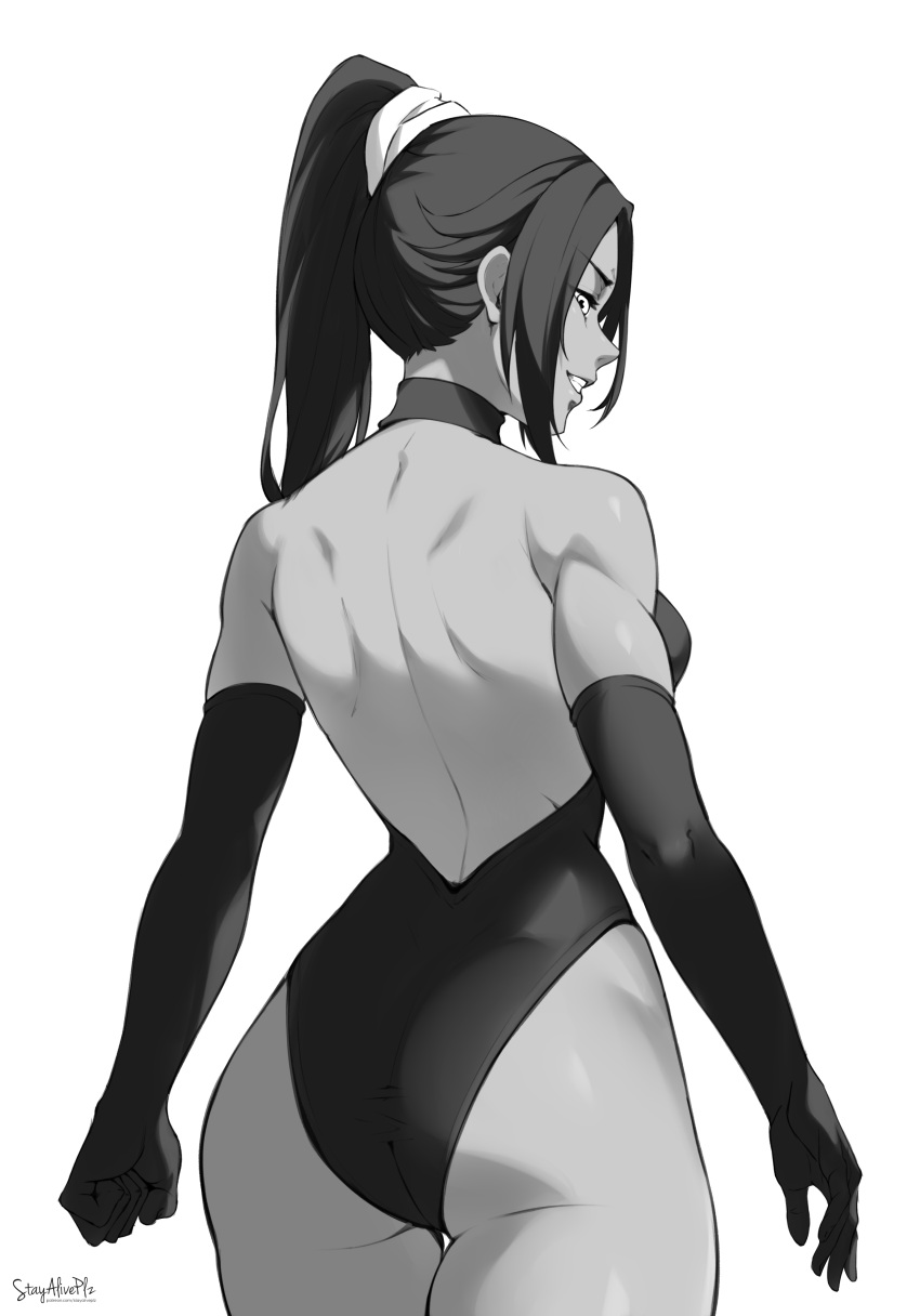 1girl absurdres ass back backless_leotard bare_shoulders black_leotard bleach breasts dark-skinned_female dark_skin elbow_gloves from_behind gloves greyscale highleg highleg_leotard highres large_breasts leotard long_hair looking_at_viewer median_furrow monochrome parted_bangs patreon_username ponytail shihouin_yoruichi shoulder_blades signature smile solo stayaliveplz thigh_gap thighs toned