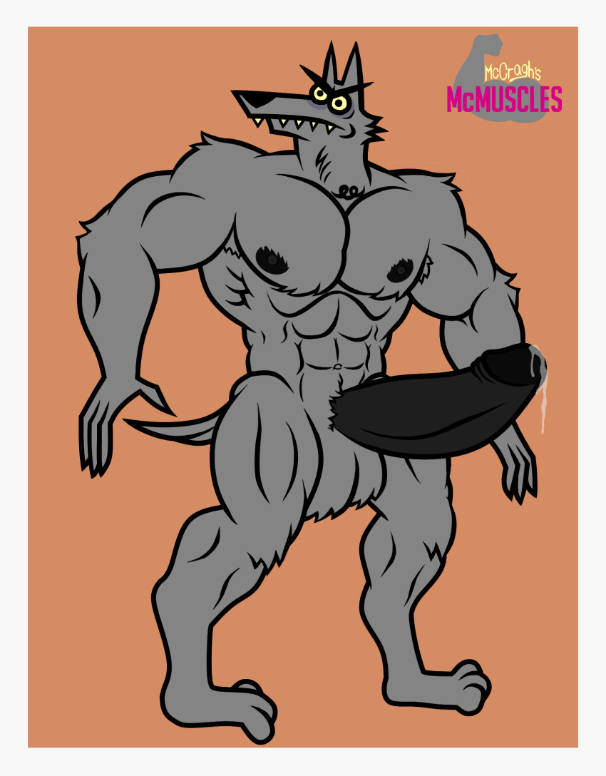 angry_eyes anthro balls big_balls big_penis black_nipples black_penis canid canine erection genitals grey_body hi_res huge_penis jackbox_games male mammal mccraghs_muscles monster_seeking_monster muscular muscular_anthro muscular_male nipples penis sharp_teeth simple_background solo teeth were werecanid werecanine werewolf