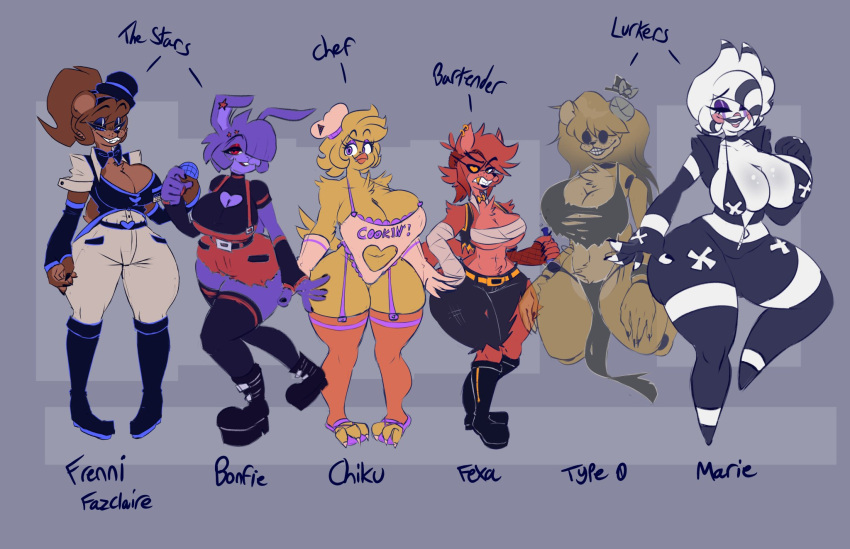 2023 5_fingers alternate_species anthro apron arm_warmers armwear avian bandage beak bear bedroom_eyes big_breasts bird blonde_hair blue_eyes bonnie_(fnaf) boots bottomwear breasts brown_bear brown_body brown_fur canid canine chef chef_hat chica_(fnaf) chicken cleavage clothed clothing crossgender cryptiacurves curvy_figure empty_eyes english_text eye_patch eyes_closed eyewear feathers female fingers five_nights_at_freddy's five_nights_at_freddy's_2 floating footwear fox foxy_(fnaf) freddy_(fnaf) fredina's_nightclub fur furrification galliform gallus_(genus) ghost golden_freddy_(fnaf) group hair half-closed_eyes hat headgear headwear hi_res huge_breasts humanoid lagomorph leporid long_hair looking_at_viewer male_(lore) mammal marionette_(fnaf) narrowed_eyes pants phasianid ponytail purple_body purple_eyes purple_fur purple_hair rabbit red_body red_cheeks red_eyes red_fox red_fur red_hair redesign scottgames seductive short_hair shorts spirit standing text thick_thighs topwear undead ursine voluptuous white_body white_hair white_skin wide_hips yellow_body yellow_eyes yellow_feathers
