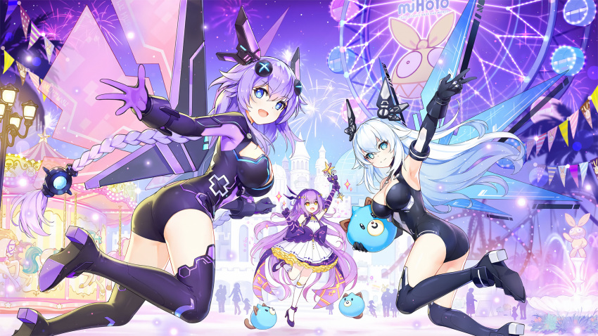 3girls benghuai_xueyuan black_leotard blue_eyes boots breasts character_request choujigen_game_neptune cleavage covered_navel crossover ferris_wheel fireworks full_body gloves hair_between_eyes high_heel_boots high_heels highres holding holding_wand homu_(honkai_impact) honkai_(series) leotard long_hair magical_girl mihoyo multiple_girls neptune_(series) night official_art open_mouth purple_hair purple_heart_(neptunia) resized sirin symbol-shaped_pupils third-party_source wand white_hair yellow_eyes