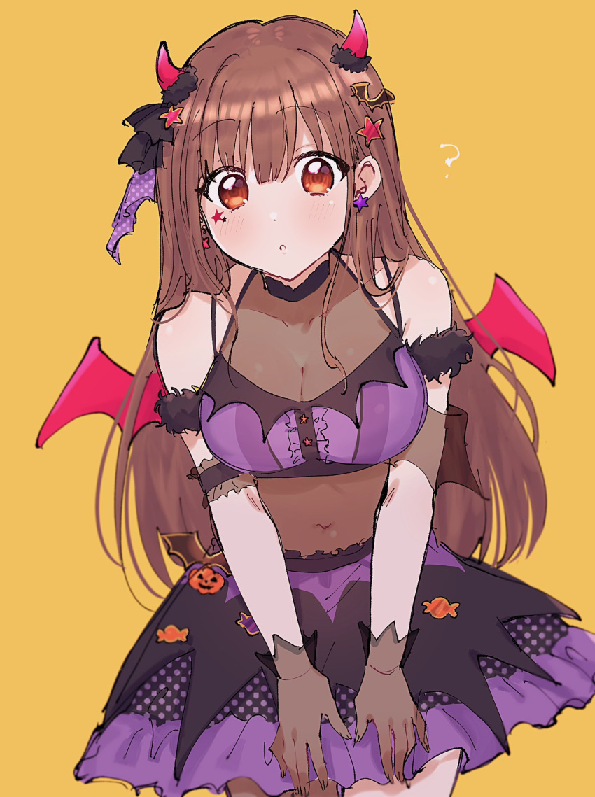 1b_104 1girl :o ? black_gloves blush breasts brown_hair cleavage covered_navel demon_horns demon_wings facepaint gloves halloween_costume highres horns idolmaster idolmaster_shiny_colors large_breasts long_hair looking_at_viewer purple_skirt red_eyes see-through_cleavage simple_background skirt solo sonoda_chiyoko straight_hair very_long_hair wings yellow_background