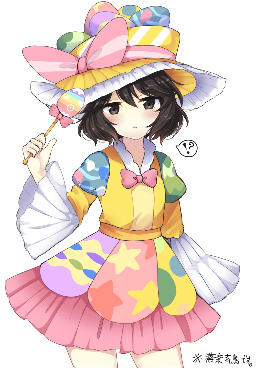 !? 1other :o alternate_costume black_eyes black_hair blush bow bowtie check_commentary collared_shirt commentary commentary_request easter easter_egg egg enraku_tsubakura frilled_hat frilled_shirt_collar frilled_skirt frills hand_up hat hat_bow hat_ribbon highres holding holding_wand juliet_sleeves len'en long_sleeves multicolored_clothes multicolored_skirt open_mouth ougi_hina pink_bow pink_bowtie pink_ribbon pink_skirt puffy_sleeves ribbon shirt short_hair skirt speech_bubble top_hat translated wand wide_sleeves yellow_headwear yellow_shirt