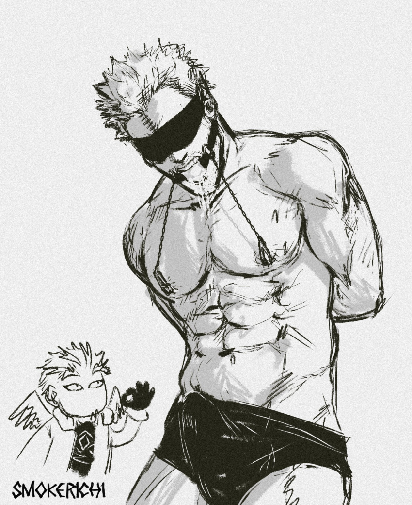 2boys abs arms_behind_back bara bdsm blindfold boku_no_hero_academia boxer_briefs bulge chibi chibi_inset cloth_gag drooling erection erection_under_clothes facial_hair gag gagged greyscale hawks_(boku_no_hero_academia) highres improvised_gag male_focus male_underwear mature_male monochrome multiple_boys muscular muscular_male navel nipple_tweak nipples ok_sign over_the_mouth_gag pectorals short_hair sketch smokerichi stomach stubble topless_male twice_(boku_no_hero_academia) underwear yaoi