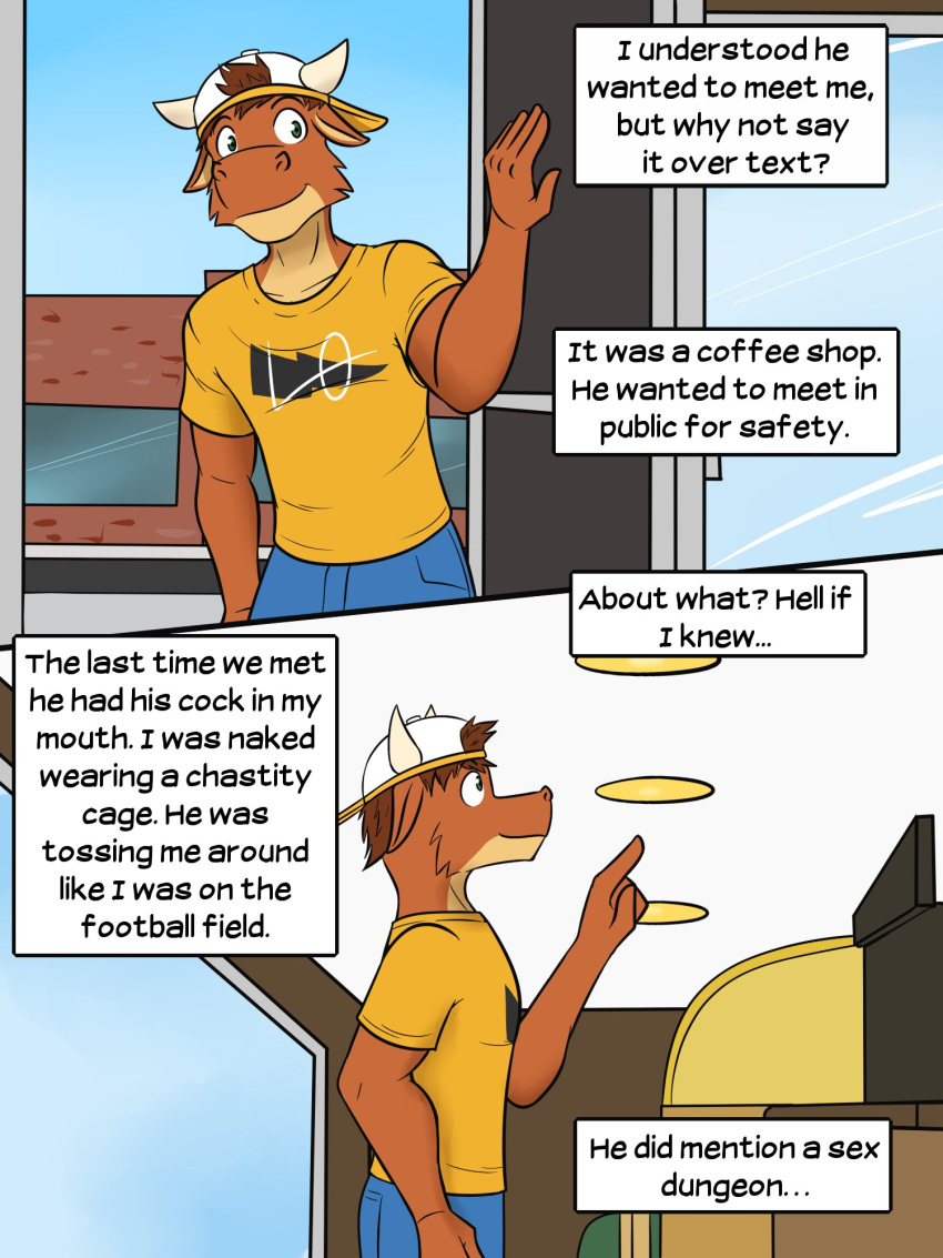 anthro backwards_baseball_cap backwards_hat baseball_cap bovid bovine cattle clothed clothing comic english_text fully_clothed fuze hat headgear headwear hi_res male mammal shirt solo store t-shirt texnatsu text topwear ty_conrad unseen_character