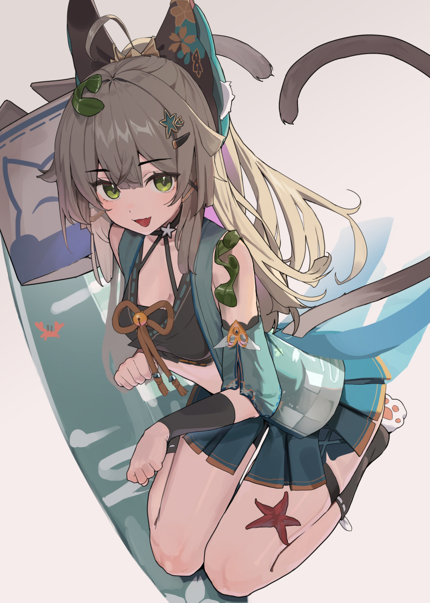 1girl ahoge animal_ears bare_shoulders black_choker black_tank_top bow brown_bow brown_tank_top cat_ears cat_feet cat_girl cat_tail choker collared_vest crop_top detached_sleeves food_delivery_box genshin_impact green_eyes hair_ornament hairclip highres kirara_(genshin_impact) light_brown_hair long_hair looking_at_viewer loose_socks lovelyme midriff multiple_tails nekomata open_mouth paw_pose seaweed simple_background sleeveless_coat smile socks solo starfish tail tank_top two_tails vest white_background