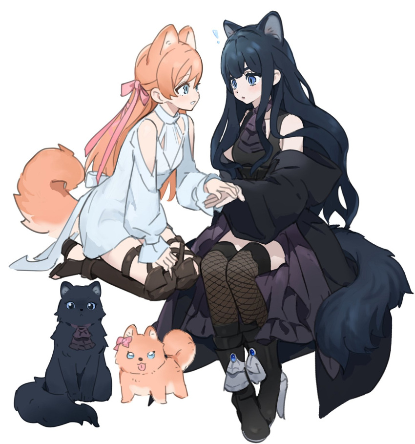 ! 2girls :&lt; animal_ears animalization ankle_boots ascot bare_shoulders black_coat black_dress black_footwear black_hair black_thighhighs blue_eyes boots brown_footwear cat cat_ears cat_girl cat_tail choker clothing_cutout coat commentary dog dog_ears dog_girl dog_tail dress extra_ears final_fantasy final_fantasy_xiv fishnet_thighhighs fishnets from_side full_body gaia_(ff14) hair_ribbon hand_on_another's_hand hand_on_hand hand_on_own_knee highres hyur kemonomimi_mode legs_together long_hair long_sleeves looking_at_another multiple_girls off_shoulder orange_hair puffy_long_sleeves puffy_sleeves purple_ascot purple_choker ribbon ryne_waters seiza shoulder_cutout simple_background sitting slit_pupils smile symbol-only_commentary tail thigh_boots thighhighs wavy_hair white_background white_dress wide-eyed wuliu_heihuo