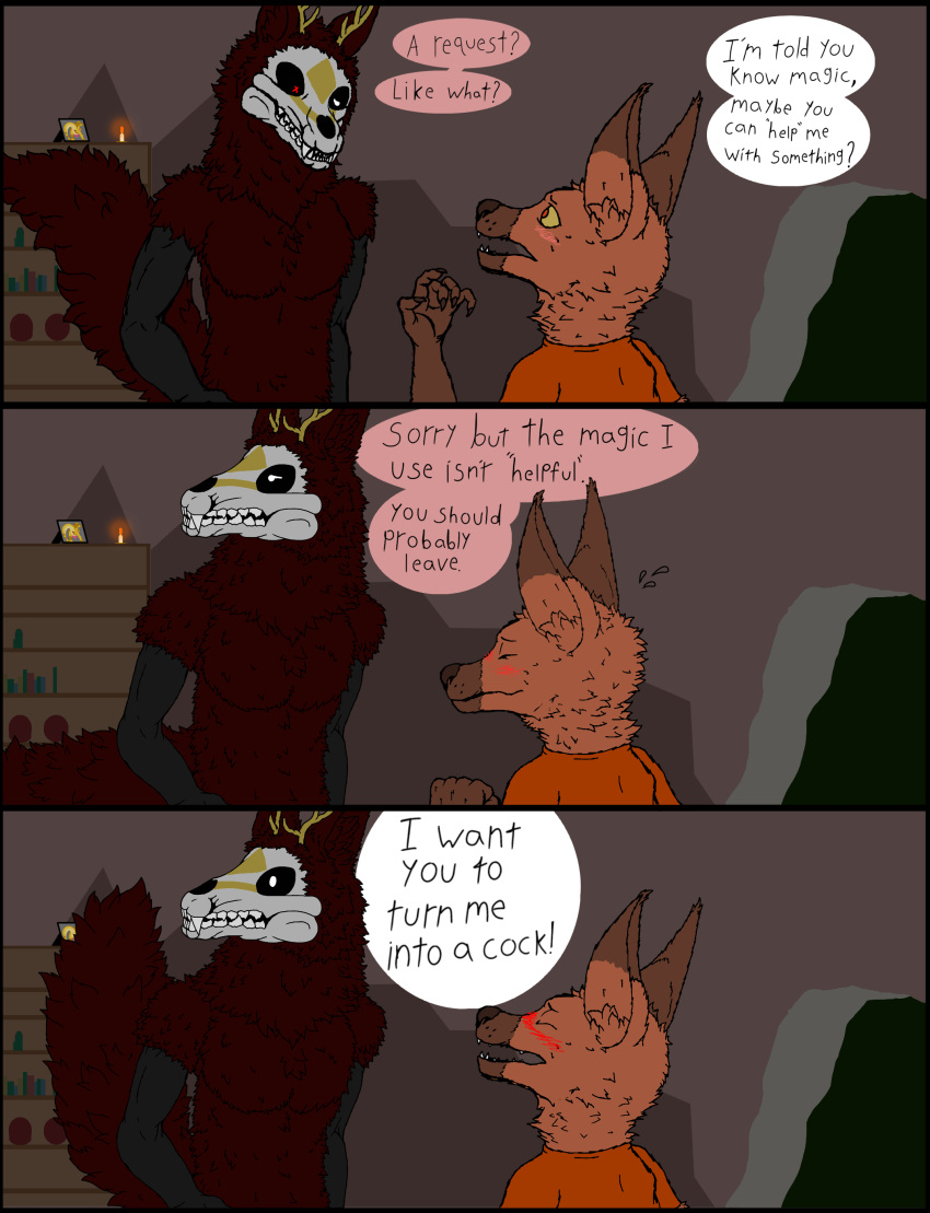 absurd_res blush canid canine cave comic dialogue duo flute_dragon gobi_(aquest) grayson_(sajay) hi_res kerstin_(sajay) male male/male mammal photo sajay skinwalker