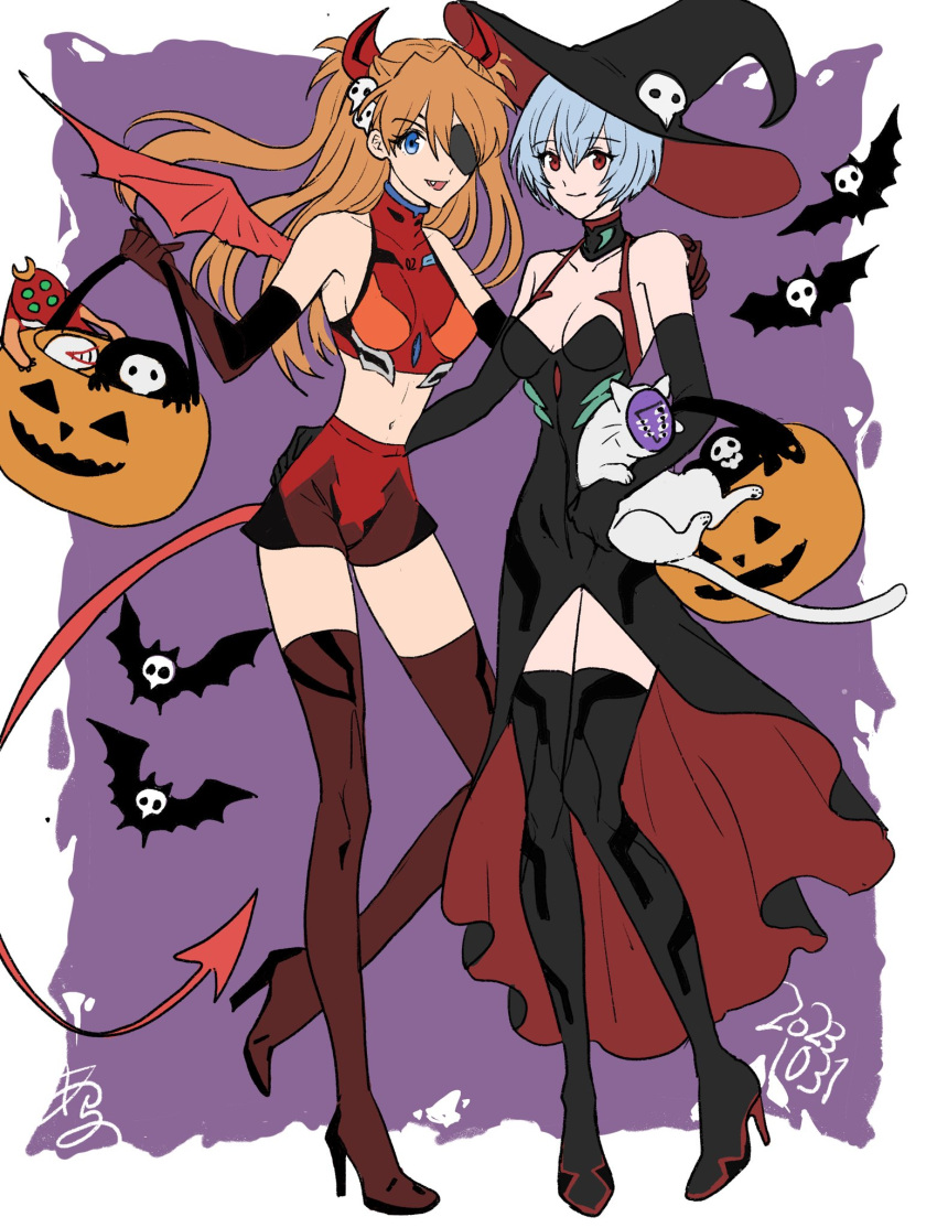 2girls adapted_costume angel_(evangelion) arano_nknk ayanami_rei bat_(animal) black_footwear blue_eyes blue_hair boots breasts cat eva_02 evangelion_(mecha) hair_between_eyes halloween halloween_bucket halloween_costume highres interface_headset legs lilith_(evangelion) mass_production_eva medium_breasts multiple_girls navel neon_genesis_evangelion orange_hair plugsuit red_eyes red_footwear sachiel_(evangelion) short_hair smile souryuu_asuka_langley