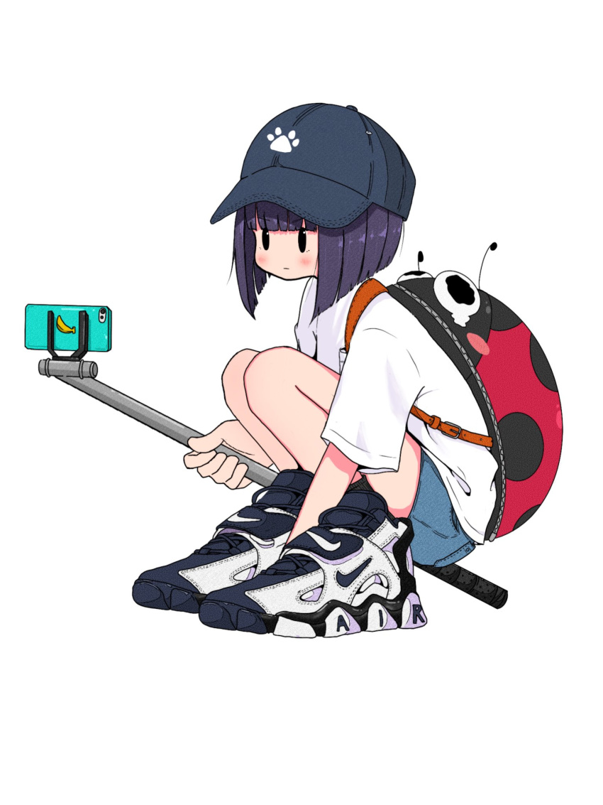 1girl backpack bag baseball_cap black_eyes blue_shorts blunt_bangs blunt_ends bug cellphone closed_mouth from_side full_body grey_headwear hat highres holding holding_stick ladybug nao97122 nike original paw_print phone purple_hair selfie_stick shirt shoes short_hair short_sleeves shorts simple_background smartphone sneakers solo squatting stick straight_hair t-shirt taking_picture white_background white_footwear white_shirt