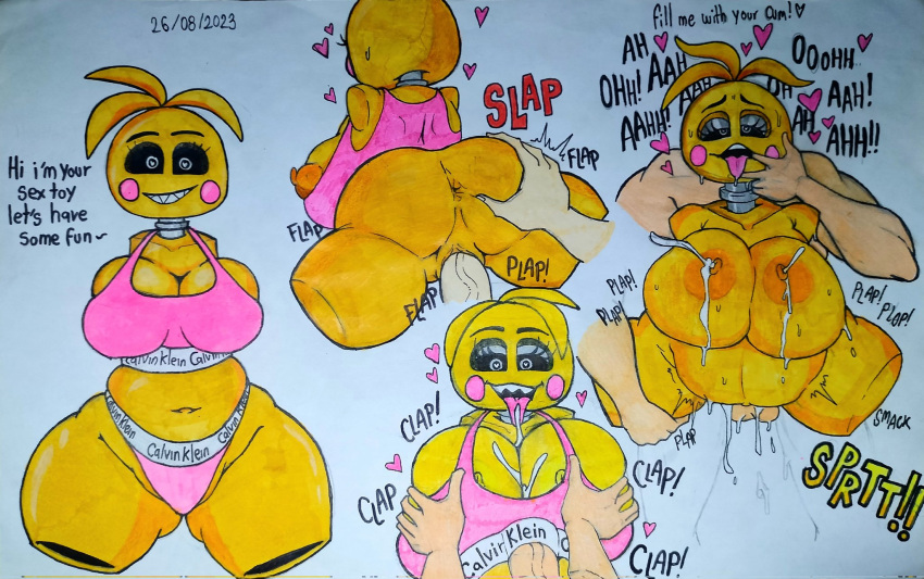 &lt;3 animatronic anthro avian big_breasts bird bodily_fluids breast_play breast_squish breasts calvin_klein chicken clothed clothing cum cum_inflation cum_inside dialogue duo ejaculation female five_nights_at_freddy's five_nights_at_freddy's_2 galliform gallus_(genus) genital_fluids hand_in_mouth hi_res human inflation lactating looking_at_another looking_at_viewer looking_pleasured machine male male/female mammal mrchinoart narrowed_eyes nipples nude onomatopoeia open_mouth partially_clothed phasianid robot scottgames sex sound_effects squish teeth text thick_thighs titfuck toy_chica_(fnaf) traditional_media_(artwork) vaginal yellow_body