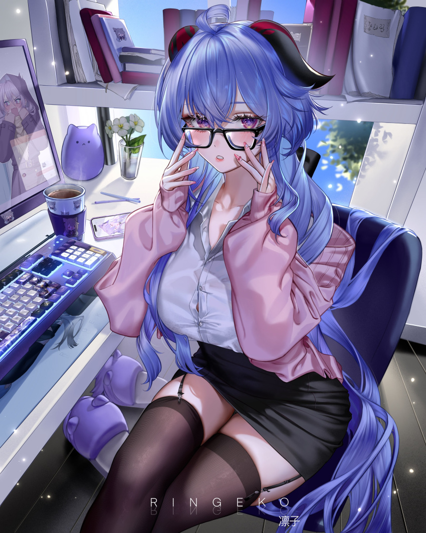 1girl absurdres ahoge alternate_costume animal_slippers artist_name black_skirt black_thighhighs blue_hair breasts cellphone collared_shirt commentary computer cup desk ganyu_(genshin_impact) garter_straps genshin_impact glasses goat_horns highres horns indoors jacket keyboard_(computer) large_breasts long_hair long_sleeves looking_at_viewer nail_polish office_lady open_clothes open_jacket parted_lips phone pink_jacket pink_nails purple_eyes ringeko-chan shirt sitting skindentation skirt sleeves_past_wrists slippers smartphone solo thighhighs very_long_hair white_shirt