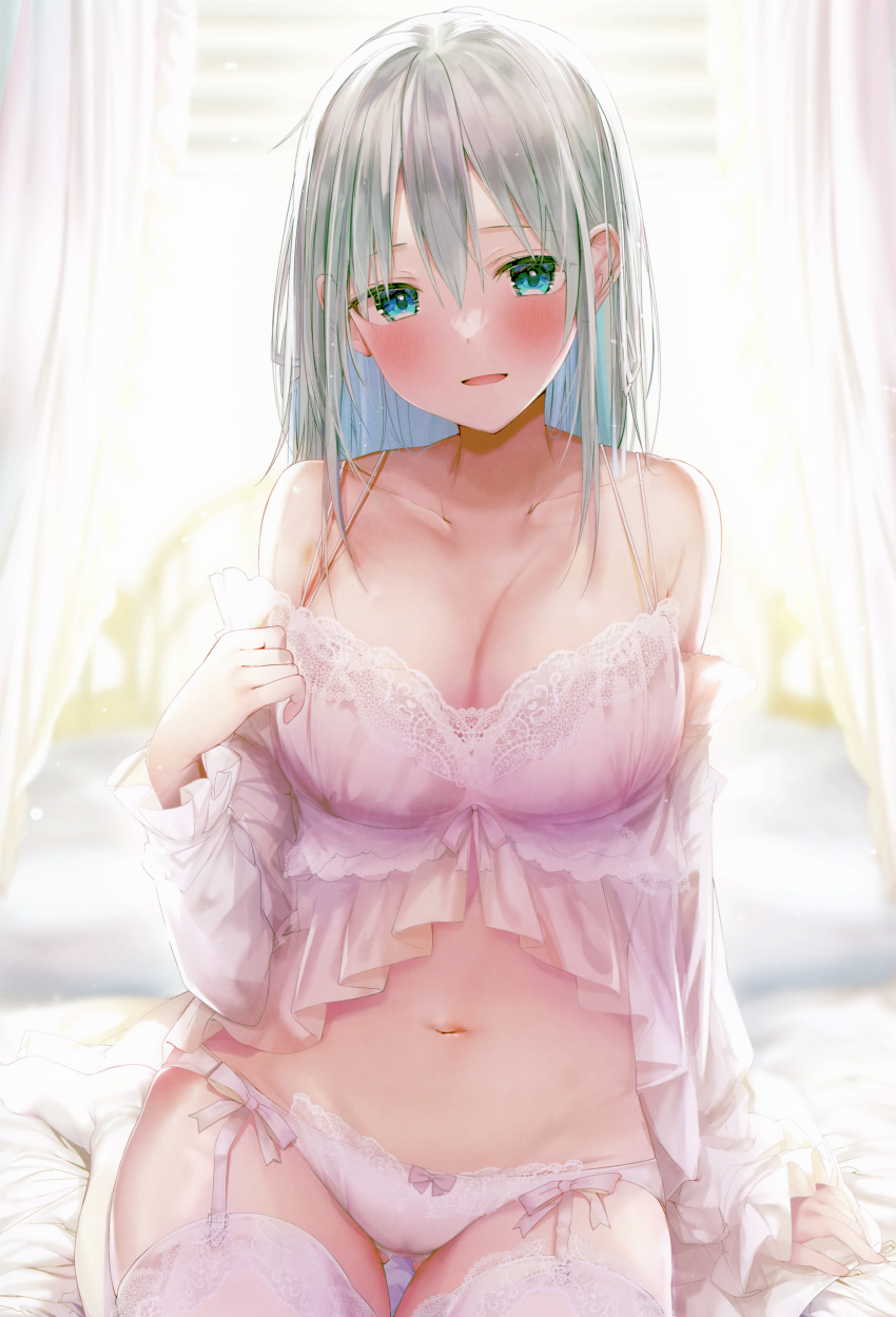 1girl absurdres ass_visible_through_thighs babydoll backlighting bed blue_eyes blush bow bow_panties breasts cleavage garter_straps grey_hair highres lace-trimmed_panties lace_trim large_breasts lingerie long_sleeves looking_at_viewer medium_hair navel on_bed open_mouth original panties pillow rouka_(akatyann) sitting smile solo spaghetti_strap thigh_gap thighhighs underwear white_babydoll white_panties white_thighhighs