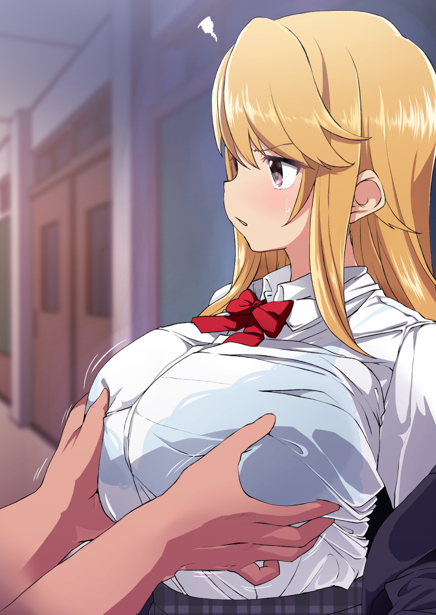 1boy 1girl aged_up alternate_breast_size black_eyes blazer blush bra bra_visible_through_clothes breasts cleavage clothes_lift collared_shirt commentary_request grabbing grabbing_another's_breast groping hallway highres huge_breasts idolmaster idolmaster_cinderella_girls jacket long_hair long_sleeves motion_lines open_clothes open_jacket orange_hair out_of_frame red_ribbon ribbon school_uniform see-through see-through_shirt shift_(waage) shirt shirt_lift shirt_tucked_in sidelocks skirt solo_focus standing sweat tented_shirt underwear white_shirt yuuki_haru