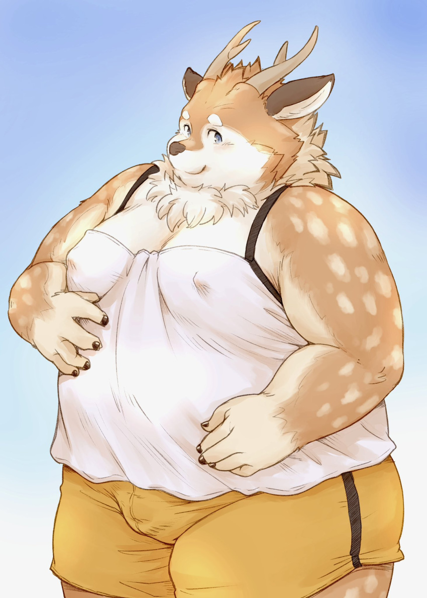 anthro antlers belly blush bottomwear brown_body brown_fur bulge clothing deer fur hi_res horn kazusa looking_at_viewer male mammal moobs neck_tuft nipples overweight selamics1 shorts smile solo spots spotted_body spotted_fur tamacolle tuft visible_nipples