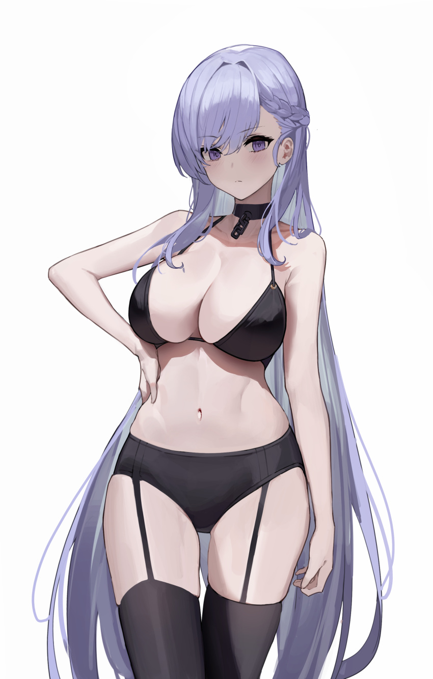 1girl absurdres azur_lane bare_shoulders belfast_(azur_lane) black_bra black_garter_straps black_panties black_thighhighs blush bra braid breasts chain cleavage collar collarbone french_braid garter_straps hand_on_hip highres large_breasts lingerie long_hair looking_at_viewer maanu navel panties purple_eyes purple_hair solo stomach thighhighs underwear very_long_hair white_background