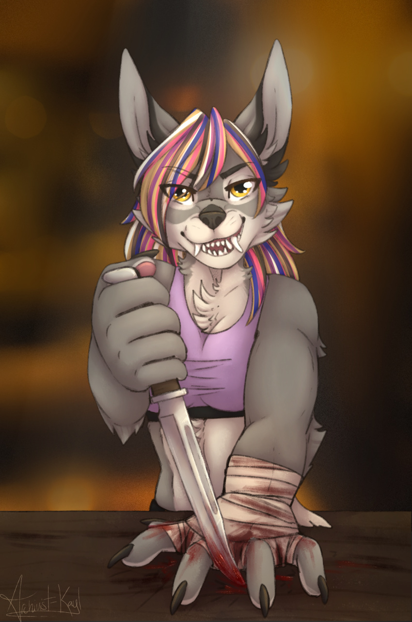 anthro archivist-kayl bandaged_hand blood bodily_fluids bra canid canine canis claws clothing female fur furniture genderfluid_pride_colors gore goretober grey_body grey_fur hair hi_res highlights_(coloring) inktober_2023 knife knife_game lgbt_pride mammal multicolored_hair nekros_(character) nonbinary_(lore) pride_colors smile solo splayed_fingers sports_bra table underwear wolf