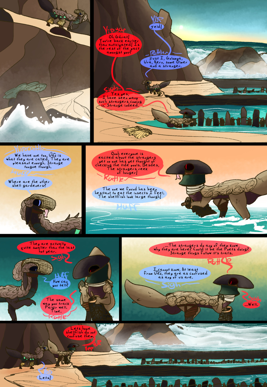absurd_res ambiguous_gender amputee aquaculture comic dialogue dinosaur disability dragon dragonscape drekir dromaeosaurid fantasy feral garat_(thepatchedragon) hi_res missing_leg reptile scalie seaside text thepatchedragon theropod