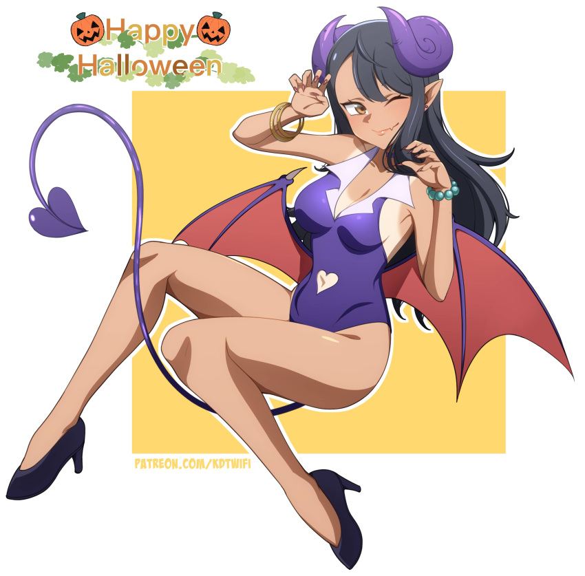 1girl absurdres bare_shoulders black_footwear black_hair bracelet breasts brown_eyes closed_mouth clothing_cutout collarbone curled_horns demon_horns demon_tail fang full_body halloween hands_up heart_cutout high_heels highres horns ijiranaide_nagatoro-san jewelry kdtwifi leotard long_hair looking_at_viewer multiple_bracelets nagatoro_hayase navel_cutout one_eye_closed paw_pose pearl_bracelet purple_horns purple_leotard purple_tail shoes skin_fang small_breasts solo tail tan tanlines thighs