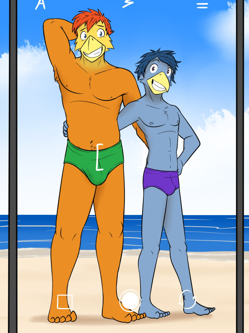 3:4 anthro arm_around_back avian bird bluebird bulge camera_view cellphone chicken clothed clothing duo fuze galliform gallus_(genus) grin hi_res johnny_(texnatsu) josh_oliver male male/male navel nipples oscine passerine phasianid phone pose size_difference smile speedo speedo_only swimwear texnatsu thrush_(bird) topless