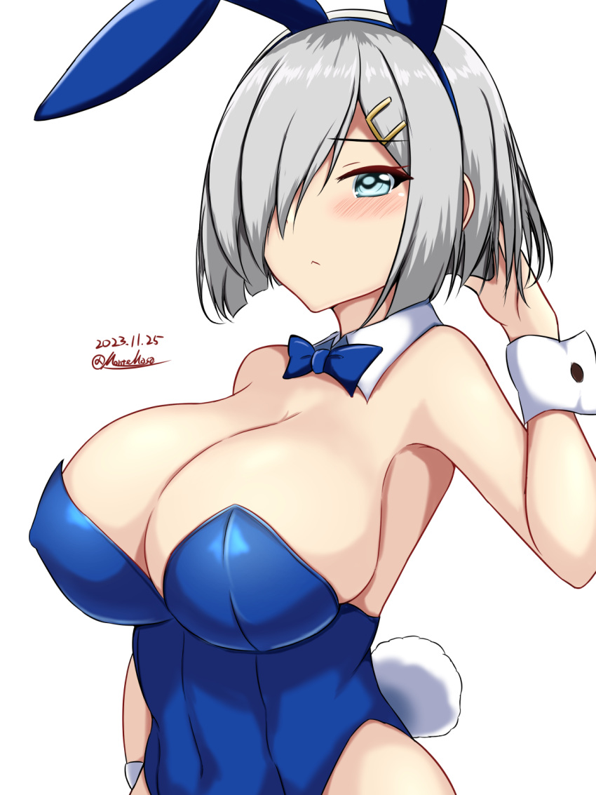 1girl alternate_costume animal_ears bare_legs bare_shoulders blue_eyes blue_leotard blush bow bowtie breasts cleavage covered_navel dated detached_collar fake_animal_ears fake_tail grey_hair hair_ornament hair_over_one_eye hairclip hamakaze_(kancolle) highres kantai_collection large_breasts leotard looking_at_viewer montemasa playboy_bunny rabbit_ears rabbit_tail short_hair simple_background solo strapless strapless_leotard tail traditional_bowtie twitter_username upper_body white_background wrist_cuffs