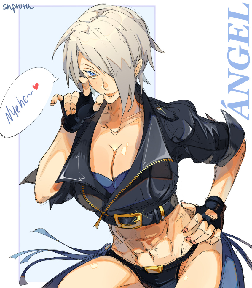 1girl abs absurdres angel_(kof) backless_pants blue_eyes bra breasts chaps cleavage cropped_jacket fingerless_gloves gloves hair_over_one_eye highres jacket large_breasts leather leather_jacket looking_at_viewer midriff navel panties pants short_hair shpr0ta smile snk solo strapless strapless_bra the_king_of_fighters the_king_of_fighters_xiv toned underwear white_hair