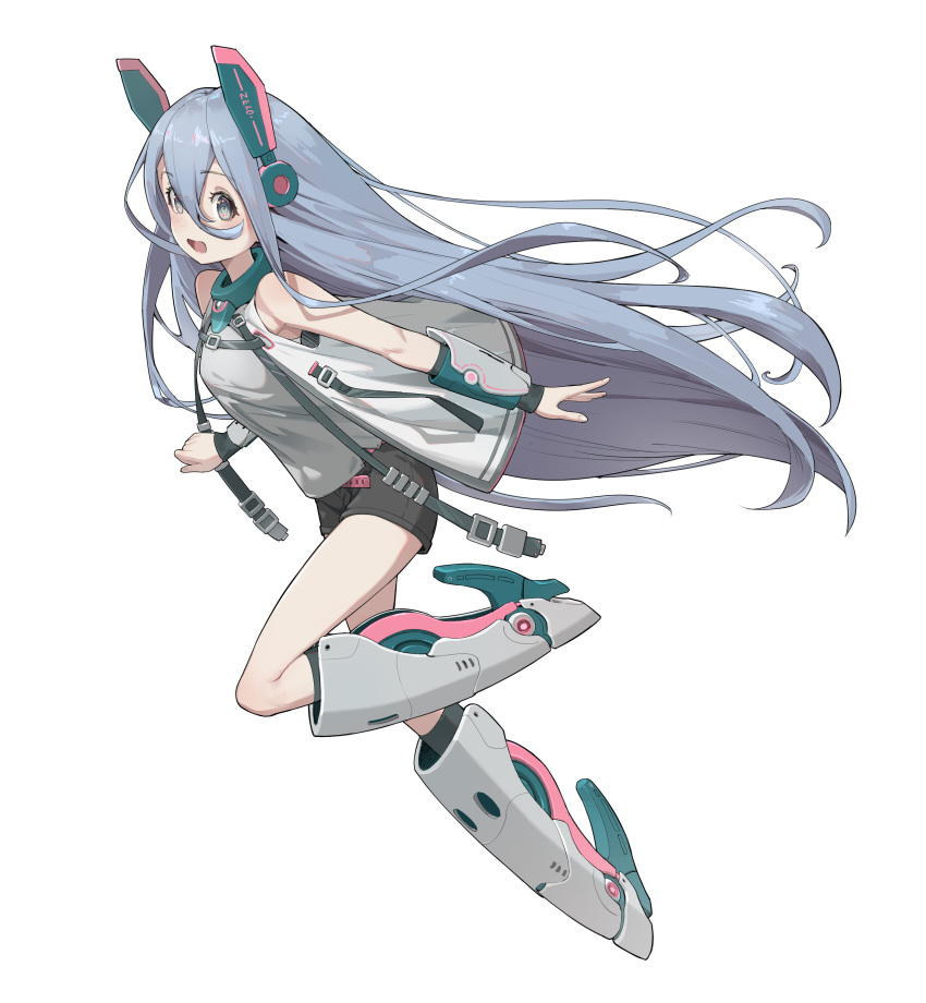 1girl absurdres blush breasts commentary_request floating_hair full_body grey_hair hair_between_eyes hano_(1507197602) headgear highres leg_up long_hair looking_at_viewer machinery mecha_musume mechanical_boots open_mouth original shirt short_shorts shorts simple_background sleeveless sleeveless_shirt small_breasts smile solo white_background wind yellow_eyes