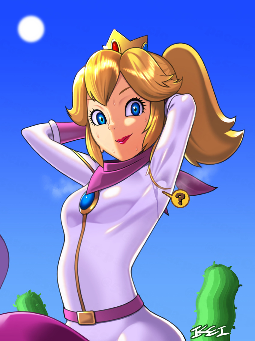 1girl 555carpaccio ? arms_behind_head arms_up belt biker_clothes biker_peach bikesuit blonde_hair blue_eyes blue_sky bodysuit breasts cactus commentary crown day eyelashes gem gloves hair_between_eyes highres hot jewelry lips looking_at_viewer mario_(series) mario_kart outdoors ponytail princess_peach racing_suit scarf sidelocks signature sky small_breasts smile spoken_question_mark steam steaming_body sun sweat zipper