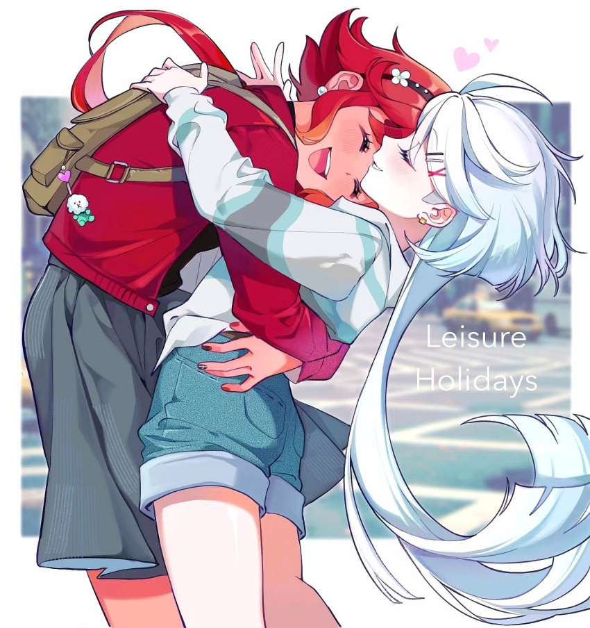 2girls backpack bag bai_xin blurry blurry_background car closed_eyes cool_(gundam_suisei_no_majo) couple day earrings english_text gundam gundam_suisei_no_majo hair_ornament hairband hairclip happy heart highres hug jacket jewelry keychain light_blush long_hair miorine_rembran motor_vehicle multiple_girls nail_polish open_mouth outdoors photo_background red_hair road shorts skirt smile street suletta_mercury teeth upper_teeth_only very_long_hair white_hair yuri