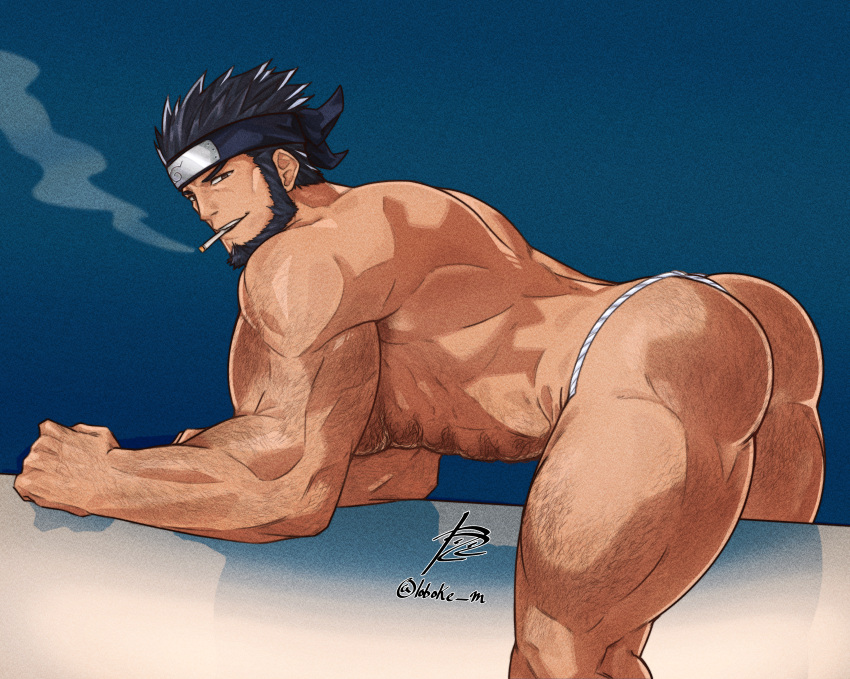 1boy abs absurdres all_fours alternate_body_hair arm_hair ass ass_hair back bara beard black_hair cheekbones chest_hair cigarette commission facial_hair feet_out_of_frame forearms forehead_protector from_side fundoshi hair_slicked_back hairy highres japanese_clothes konohagakure_symbol leg_hair loboke looking_at_viewer male_focus mature_male muscular muscular_male naruto_(series) naruto_shippuuden navel navel_hair pectorals presenting sarutobi_asuma second-party_source seductive_smile short_hair signature smile smirk smoke_trail smoking solo stomach strongman_waist thick_eyebrows thick_thighs thighs topless_male triceps