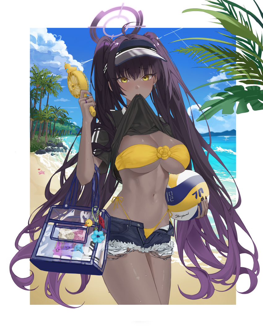 1girl absurdres bag bikini black_hair black_halo black_nails black_shirt blue_archive border breasts clothes_lift dark-skinned_female dark_skin denim denim_shorts halo hand_fan hat highres holding holding_fan karin_(blue_archive) long_hair multicolored_hair navel ocean shirt shorts shoulder_bag shupami solo stomach sun_hat swimsuit two-tone_hair very_long_hair white_border yellow_bikini yellow_eyes