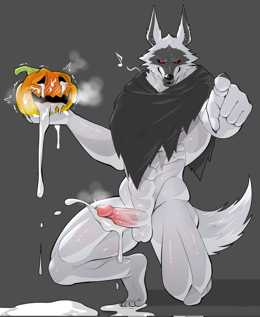 2023 abs after_masturbation anthro balls barefoot big_muscles big_penis blush bodily_fluids bottomless bottomless_anthro bottomless_male canid canine canis claws cloak clothed clothing cum cum_drip cum_in_pumpkin cum_on_ground cumshot death_(puss_in_boots) dreamworks dripping ejaculation erection feet food food_fetish fruit fur furtissier genital_fluids genitals gesture grey_background halloween hi_res holding_object holding_pumpkin holidays humanoid_genitalia humanoid_penis jack-n'-lantern jack-o'-lantern kneeling looking_at_viewer looking_pleasured male mammal muscular muscular_anthro muscular_male musical_note narrowed_eyes on_one_knee penis plant plantigrade pointing pointing_at_viewer poncho pumpkin pumpkin_masturbation puss_in_boots_(film) puss_in_boots_the_last_wish serratus simple_background smile solo tuft wolf