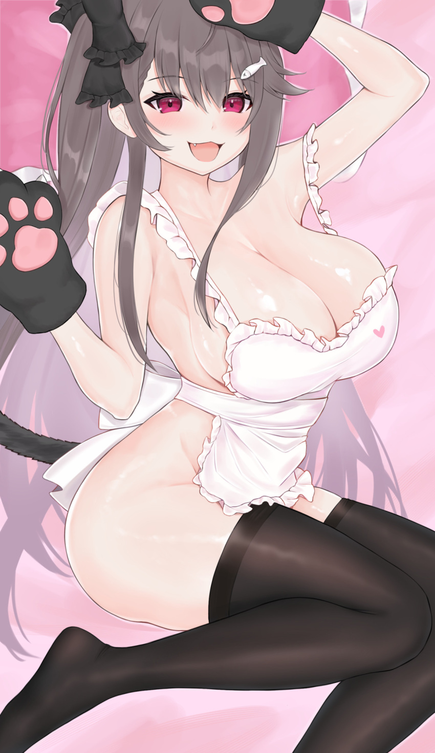 1girl animal_hands apron azur_lane black_thighhighs breasts brown_hair cat_paws cat_tail cleavage fang fish_hair_ornament hair_ornament highres large_breasts legs_folded long_hair looking_at_viewer naked_apron official_alternate_costume one_side_up open_mouth pamiat_merkuria_(azur_lane) pamiat_merkuria_(mercurial_chocolate_love)_(azur_lane) pink_background red_eyes smile solo tail thighhighs wennananyan white_apron