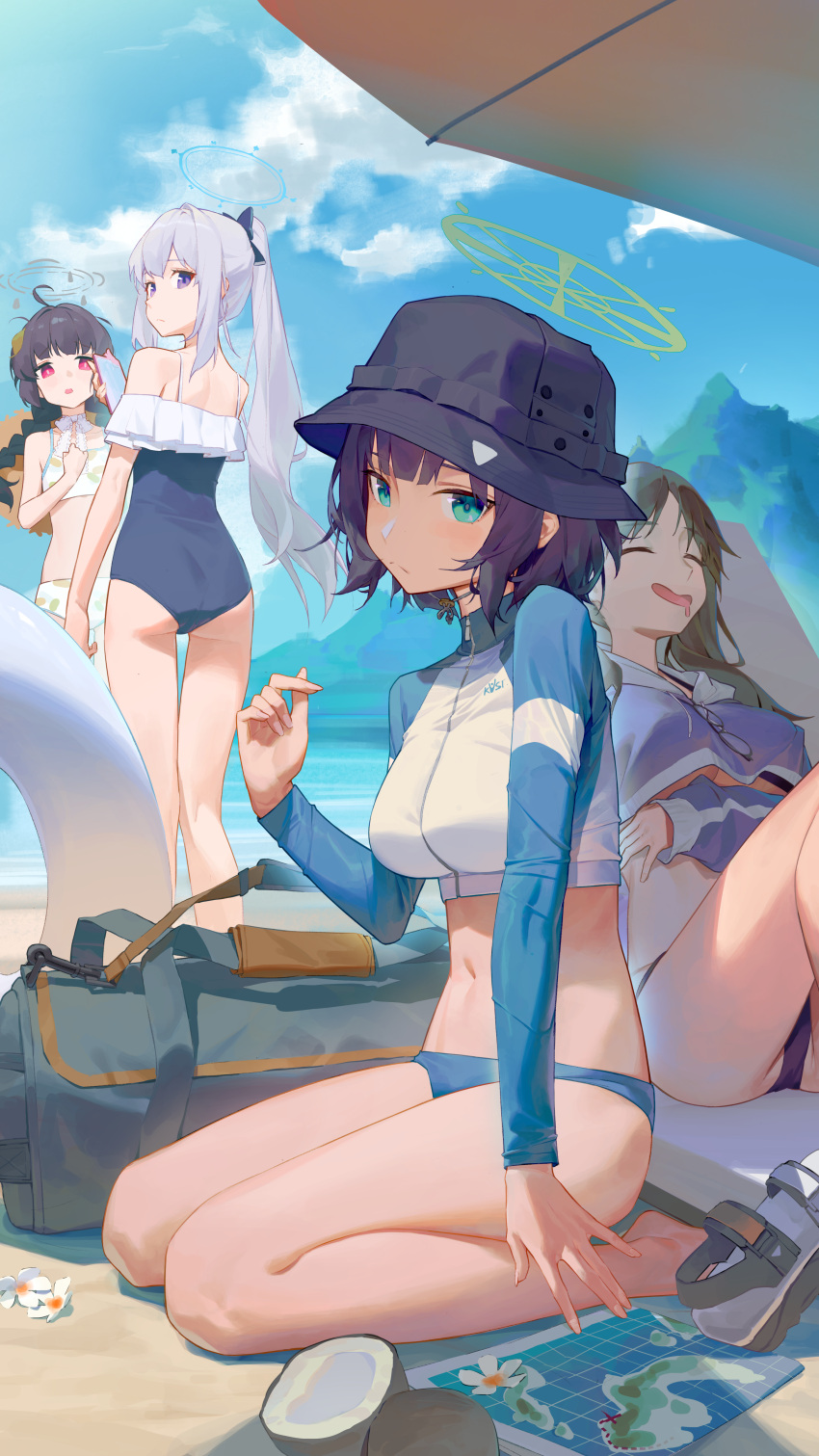 4girls absurdres bag beach bikini black_hair blue_archive blue_one-piece_swimsuit blue_sky breasts brown_hair bucket_hat closed_mouth cloud cloudy_sky coconut day duffel_bag flower green_eyes halo hat highres kneeling knees_up large_breasts lifebuoy long_hair looking_at_viewer lying map medium_hair miyako_(blue_archive) miyako_(swimsuit)_(blue_archive) miyu_(blue_archive) miyu_(swimsuit)_(blue_archive) moe_(blue_archive) moe_(swimsuit)_(blue_archive) multiple_girls navel on_back one-piece_swimsuit open_mouth outdoors ponytail purple_eyes rabbit_platoon_(blue_archive) red_eyes ren_huozhe saki_(blue_archive) saki_(swimsuit)_(blue_archive) sandals shade sitting sky sleeping smile standing straw_hat swimsuit umbrella underboob white_flower white_hair
