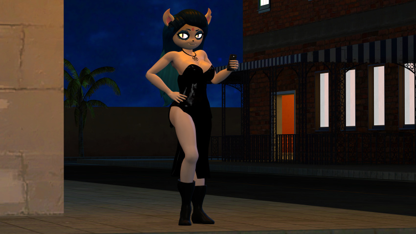 3d_(artwork) absurd_res anthro black_clothing black_dress boots cartoon_hangover claire_(the_summoning) clothing date digital_media_(artwork) dress felid feline female first_person_view footwear garry's_mod hi_res humanoid looking_at_viewer mammal mr-wolfapex night pentagram pentagram_necklace phone smile solo the_summoning