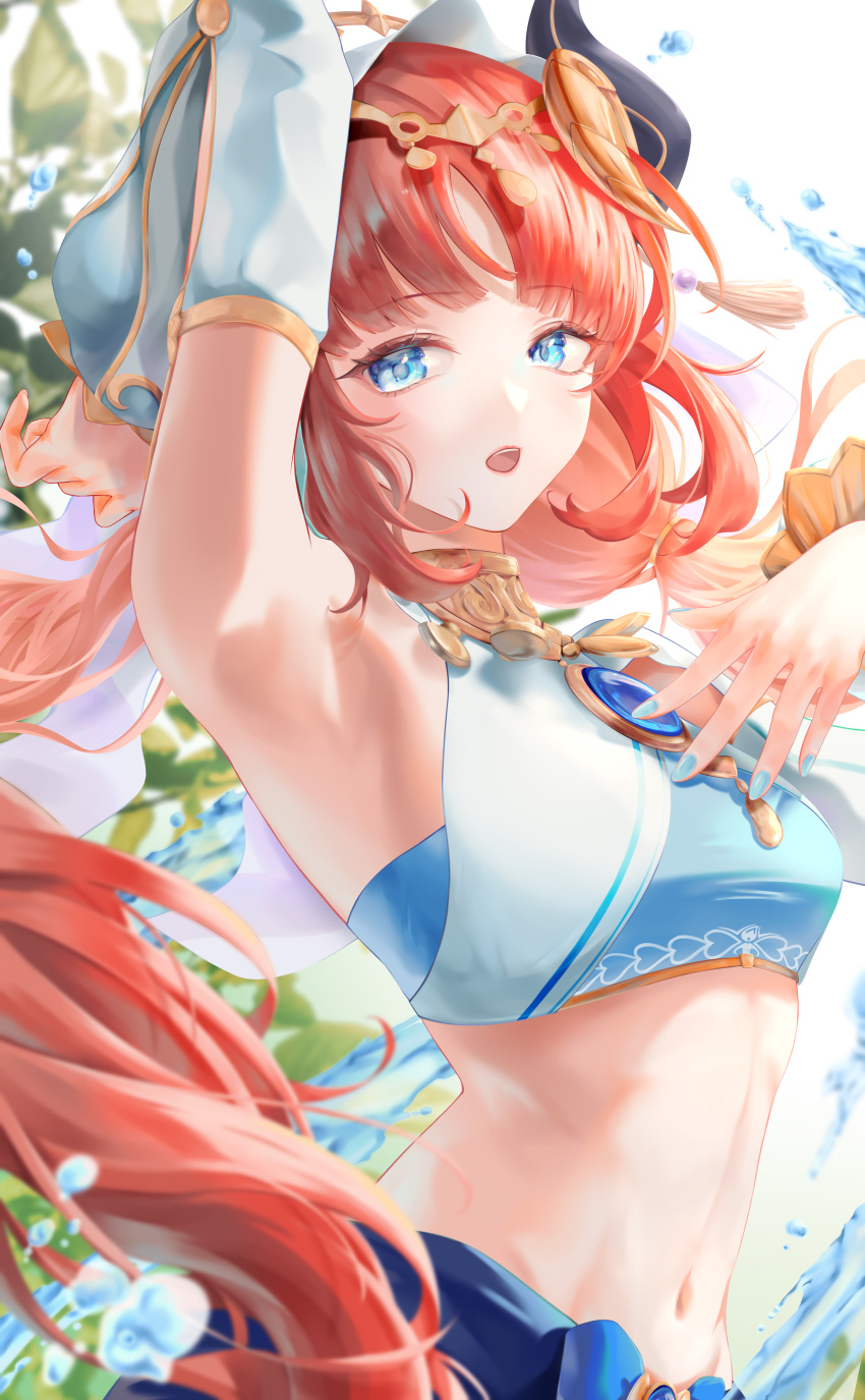 1girl absurdres arm_up blue_eyes breasts crop_top fake_horns genshin_impact hairband harem_outfit highres horns kns_hanazuna long_hair looking_at_viewer medium_breasts midriff navel nilou_(genshin_impact) open_mouth red_hair solo stomach