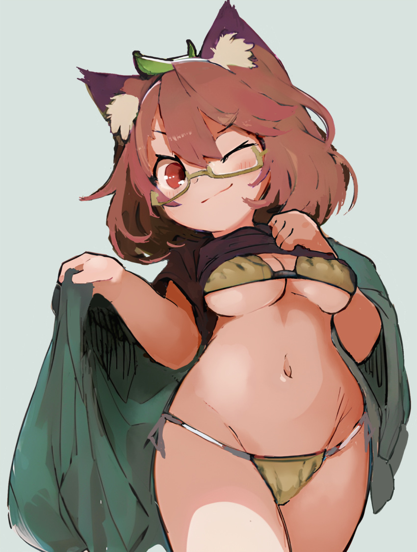 1girl ;) animal_ears bikini breasts brown_eyes brown_hair cape clothes_lift commentary_request futatsuiwa_mamizou glasses hand_on_own_chest hands_up highres leaf leaf_on_head looking_at_viewer medium_breasts medium_hair navel one_eye_closed raccoon_ears raised_eyebrow shirt_lift shortstack simple_background smile solo swimsuit touhou underboob v-shaped_eyebrows white_background yoshiyuki_(14330975)