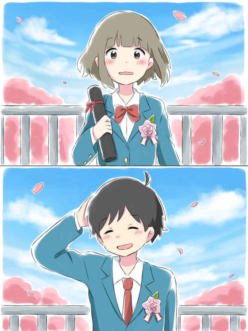 1boy 1girl ahoge arm_at_side arms_behind_head azchipi black_hair blazer blue_jacket blue_sky blunt_bangs blush bob_cut bow bowtie brown_eyes brown_hair cherry_blossoms closed_eyes cloud commentary corsage diploma embarrassed falling_petals floating_hair flower graduation hand_on_own_chest highres holding holding_diploma jacket looking_at_viewer multiple_views necktie nervous open_mouth original parted_lips petals pink_flower pov raised_eyebrows red_bow red_bowtie red_necktie red_ribbon ribbon school_uniform scratching_head short_hair sky smile tree upper_body wavy_mouth white_ribbon