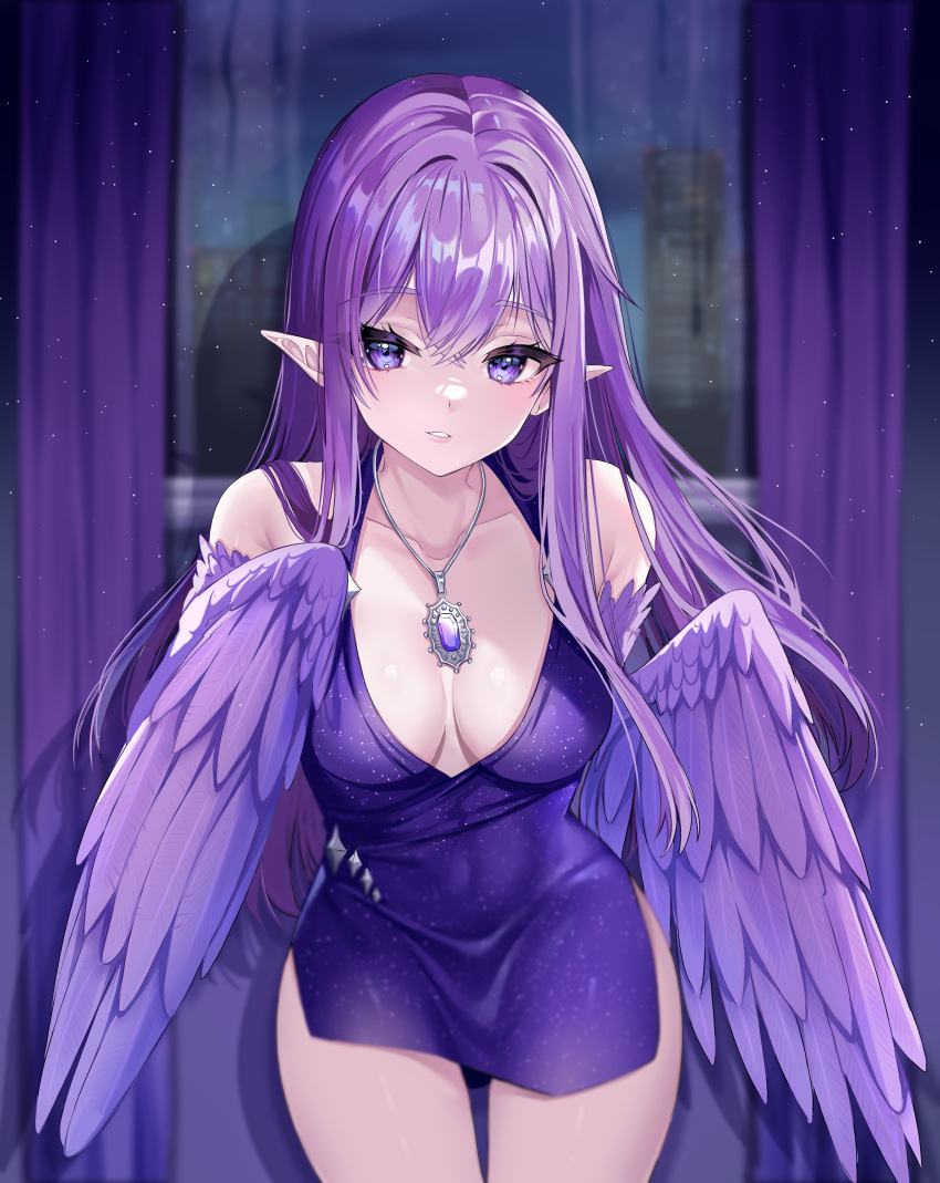 1girl absurdres bare_shoulders breasts cleavage dress feathered_wings feathers harpy highres jewelry long_hair marissa_(amos_defamos) medium_breasts monster_girl necklace original pointy_ears purple_eyes purple_feathers purple_hair purple_wings sleeveless solo thighs tight tight_dress winged_arms wings yaya_chan