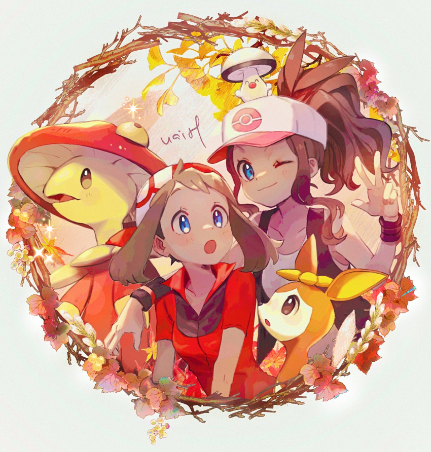 2girls :o ;) bandana blue_eyes blush border breloom brown_hair closed_mouth collared_shirt deerling eyelashes foongus hand_up hanenbo hat high_ponytail highres hilda_(pokemon) may_(pokemon) multiple_girls one_eye_closed open_clothes open_mouth open_vest pokemon pokemon_(creature) pokemon_(game) pokemon_bw pokemon_rse red_bandana red_shirt shirt sidelocks signature smile vest w white_border white_headwear wristband