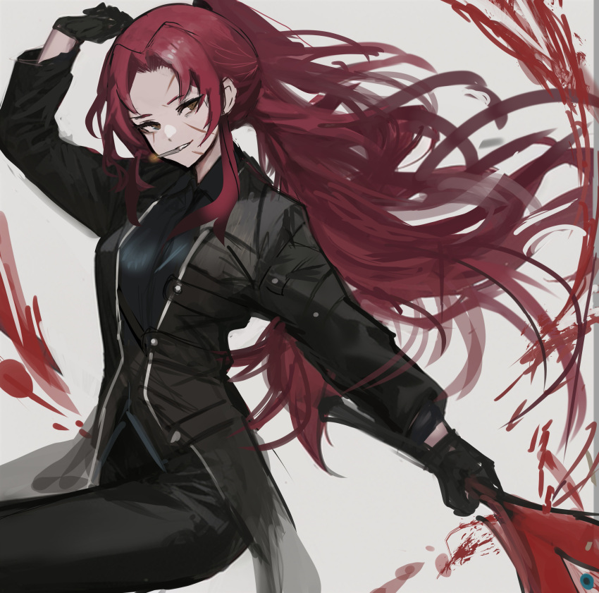 1girl arm_up black_coat black_gloves black_pants black_shirt blood chuhaibane cigarette coat e.g.o_(project_moon) gloves grey_background grin high_ponytail highres holding holding_sword holding_weapon kali_(project_moon) library_of_ruina long_hair pants parted_bangs project_moon red_hair scar scar_on_face shirt sidelocks simple_background smile solo sword very_long_hair weapon