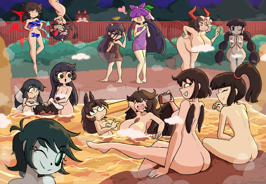 6+girls arm_cannon barefoot black_towel breasts bush camera censored convenient_censoring flower flower_on_head hakurei_reimu highres holding holding_camera horns houjuu_nue houraisan_kaguya imaizumi_kagerou inaba_tewi kijin_seija kurokoma_saki large_breasts long_hair medium_breasts medium_hair mosaic_censoring multicolored_hair multiple_girls murasa_minamitsu nippaku_zanmu nude onsen ponytail purple_towel quarium reiuji_utsuho shameimaru_aya short_hair small_breasts star_sapphire steam steam_censor tail touhou towel two-tone_hair upside-down ushizaki_urumi very_long_hair weapon wings yatadera_narumi yomotsu_hisami