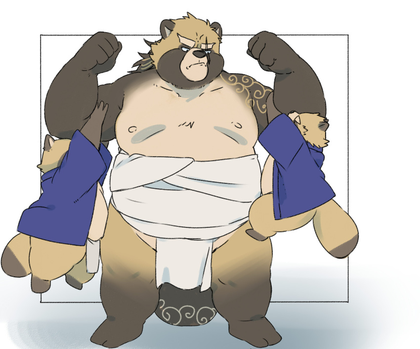 2023 anthro asian_clothing belly big_belly black_nose brown_body canid canine clothing east_asian_clothing fundoshi group gyobu gyobu's_underlings hi_res humanoid_hands inunoshippo japanese_clothing kemono lifewonders male mammal moobs nipples overweight overweight_male raccoon_dog scar simple_background tanuki tokyo_afterschool_summoners underwear white_clothing white_fundoshi white_underwear young
