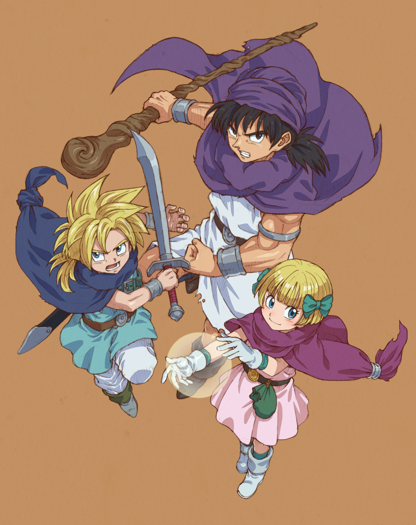 1girl 2boys aqua_tunic armlet belt black_eyes black_hair blonde_hair blue_cloak blue_eyes blunt_bangs boots bow bracelet brother_and_sister cape clenched_hand cloak closed_mouth commentary_request dragon_quest dragon_quest_v dress father_and_daughter father_and_son female_child fighting_stance full_body gloves green_bow green_socks hair_bow hero's_daughter_(dq5) hero's_son_(dq5) hero_(dq5) highres holding holding_staff holding_sword holding_weapon jewelry long_hair looking_at_viewer looking_to_the_side low_ponytail magic male_child multiple_boys open_mouth pants parted_lips pink_cloak pink_dress purple_cloak purple_headwear serious short_hair siblings simple_background smile socks spiked_hair staff sword tanuki_koubou teeth toned toned_male torn_clothes turban twins weapon white_footwear white_gloves white_pants white_tunic