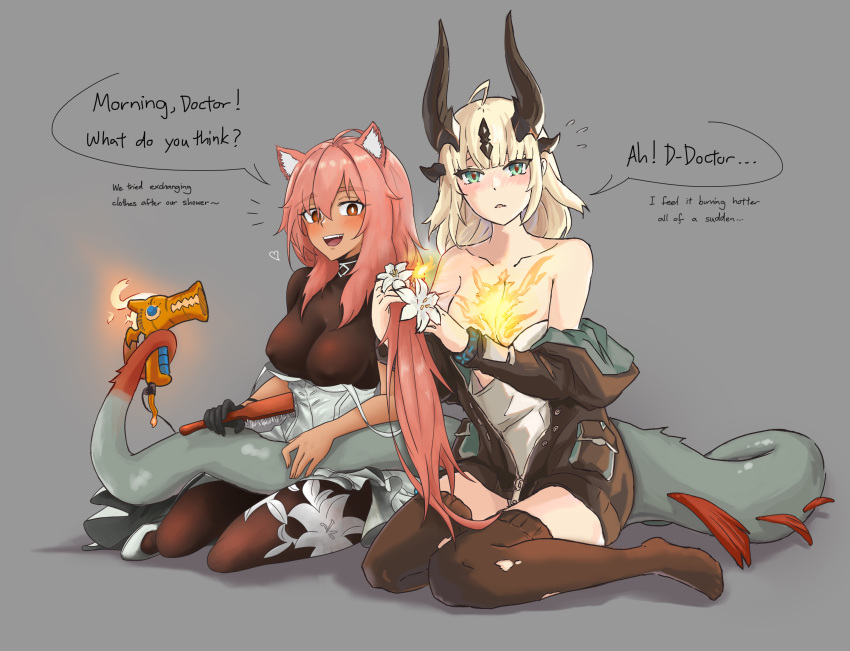 2girls ahoge arknights astrograph21 black_jacket blonde_hair blush bodysuit breasts breasts_out brown_bodysuit brown_thighhighs collaboration commentary cosplay costume_switch covered_nipples dark-skinned_female dark_skin dokonjou_(odossan) dragon_girl dragon_horns dragon_tail english_commentary english_text fang flame-tipped_tail flower full_body gravel_(arknights) green_eyes grey_background hair_between_eyes hair_brush hair_dryer highres holding holding_flower holding_hair_brush horns infection_monitor_(arknights) jacket light_in_heart long_hair looking_at_viewer medium_breasts medium_hair multiple_girls notice_lines off_shoulder official_alternate_costume open_clothes open_jacket open_mouth parted_lips partially_unzipped pink_hair prairie_dog_ears prairie_dog_girl prehensile_tail red_eyes red_pupils reed_(arknights) reed_the_flame_shadow_(arknights) simple_background sitting speech_bubble strap_slip sweatdrop tail teeth thighhighs torn_clothes torn_thighhighs upper_teeth_only wariza white_flower yokozuwari zettai_ryouiki zipper_pull_tab
