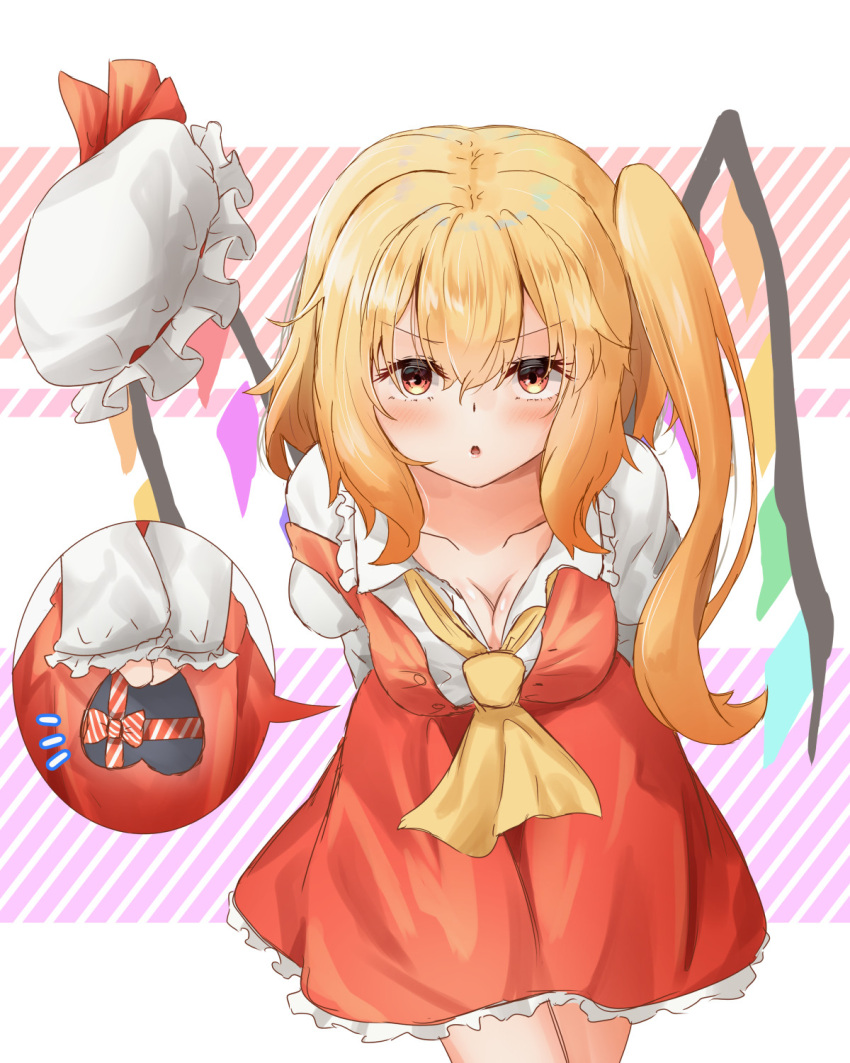 1girl :o adapted_costume blonde_hair blush box breasts cleavage collared_shirt cowboy_shot diagonal_stripes flandre_scarlet frilled_shirt_collar frilled_skirt frilled_sleeves frills gift gift_box hat hat_ribbon highres holding holding_box holding_gift incoming_gift juliet_sleeves leaning_forward long_sleeves looking_at_viewer medium_breasts medium_hair mob_cap multicolored_wings one_side_up open_mouth partially_unbuttoned puffy_sleeves red_eyes red_ribbon red_skirt red_vest ribbon sefushi shirt shirt_partially_removed skirt sleeves_past_wrists solo striped striped_background touhou unworn_hat unworn_headwear valentine vest white_background white_headwear white_shirt wings