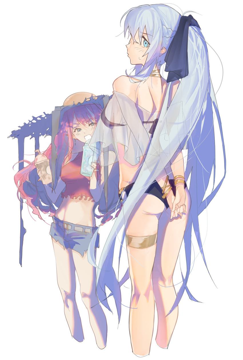 2girls absurdres alternate_costume bikini black_bikini blue_eyes breasts cowboy_shot cpompvjde54svc1 denim denim_shorts drink fairy_knight_tristan_(fate) fate/grand_order fate_(series) gold_bracelet gold_necklace hat highres holding holding_drink jewelry legs long_hair looking_at_viewer looking_back medium_breasts morgan_le_fay_(fate) multiple_girls necklace pointy_ears red_hair red_tank_top see-through_shawl shawl shorts sideboob sketch stomach straw_hat swimsuit tank_top thighlet very_long_hair white_background white_hair