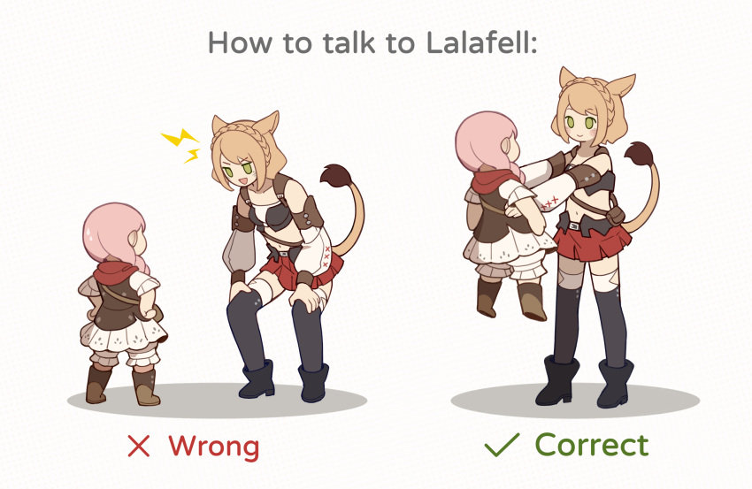 2girls 9yuki animal_ears blonde_hair boots braid cat_ears cat_tail final_fantasy final_fantasy_xiv green_eyes hands_on_own_hips hands_on_own_knees highres how_to_talk_to_short_people_(meme) lalafell lifting_person meme miniskirt miqo'te multiple_girls pink_hair scarf short_hair simple_background skirt smile tail thighhighs twin_braids warrior_of_light_(ff14)